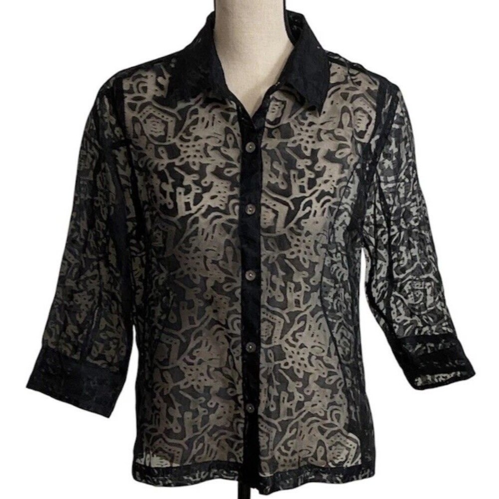 West End Womens Sheer Lace Button Up Top Sz M Black Unlined Goth Minimalist